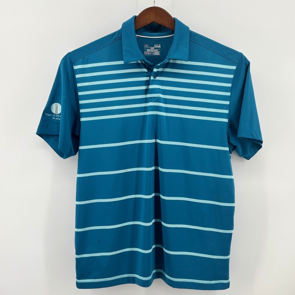 Under Armour Mens‎ HeatGear Polo Shirt LG Teal Blue Striped Tierra del Sol Aruba